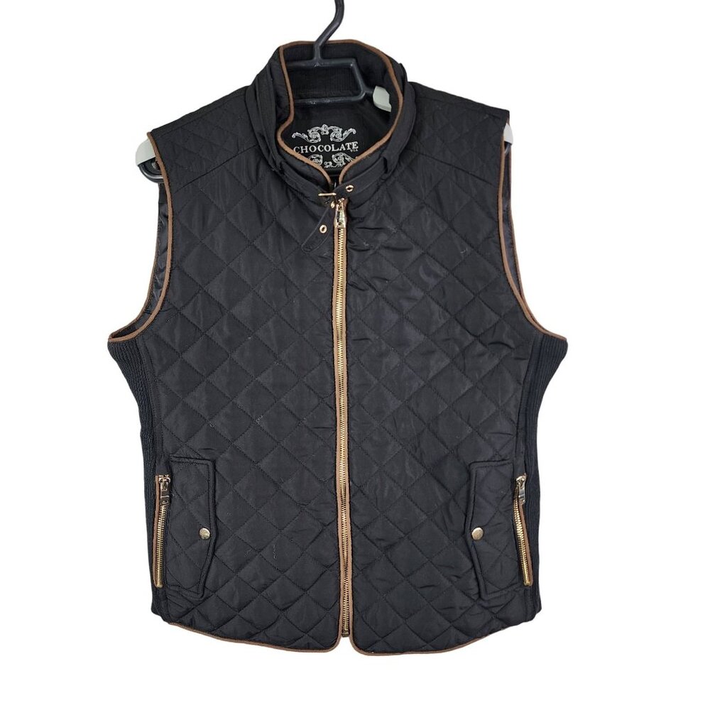 Womens Quilted Black Vest Jacket w/ Brown Trim Full Zip Sleeveless Size L